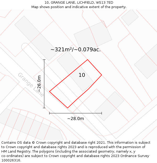 10, GRANGE LANE, LICHFIELD, WS13 7ED: Plot and title map