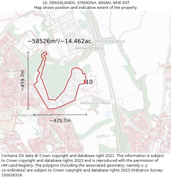 10, GRASSLANDS, STANDISH, WIGAN, WN6 0GT: Plot and title map