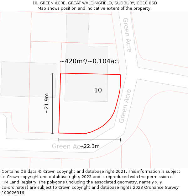 10, GREEN ACRE, GREAT WALDINGFIELD, SUDBURY, CO10 0SB: Plot and title map