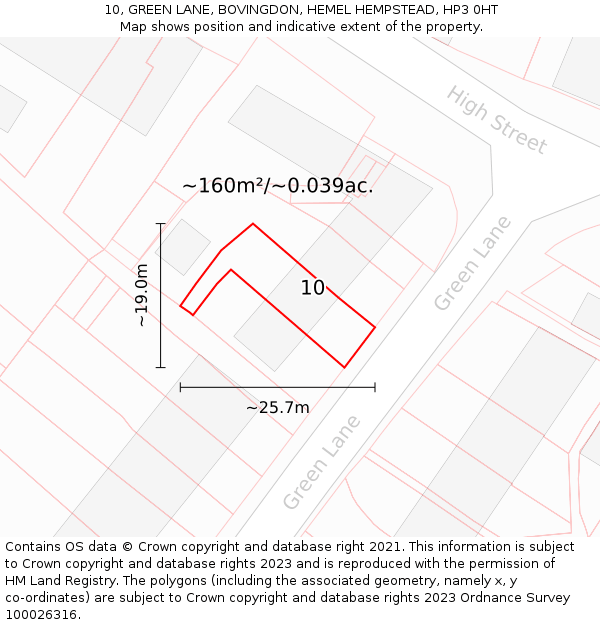 10, GREEN LANE, BOVINGDON, HEMEL HEMPSTEAD, HP3 0HT: Plot and title map