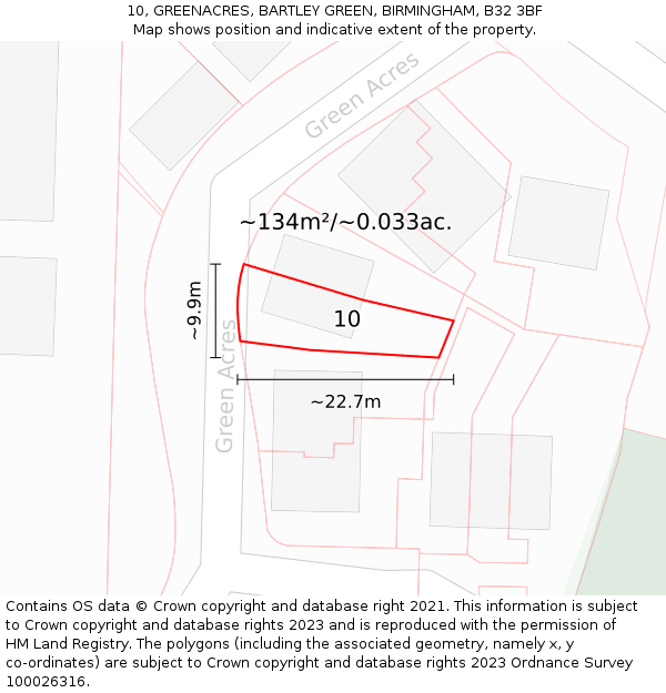 10, GREENACRES, BARTLEY GREEN, BIRMINGHAM, B32 3BF: Plot and title map