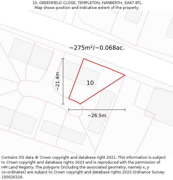 10, GREENFIELD CLOSE, TEMPLETON, NARBERTH, SA67 8TL: Plot and title map