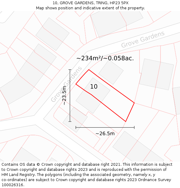 10, GROVE GARDENS, TRING, HP23 5PX: Plot and title map