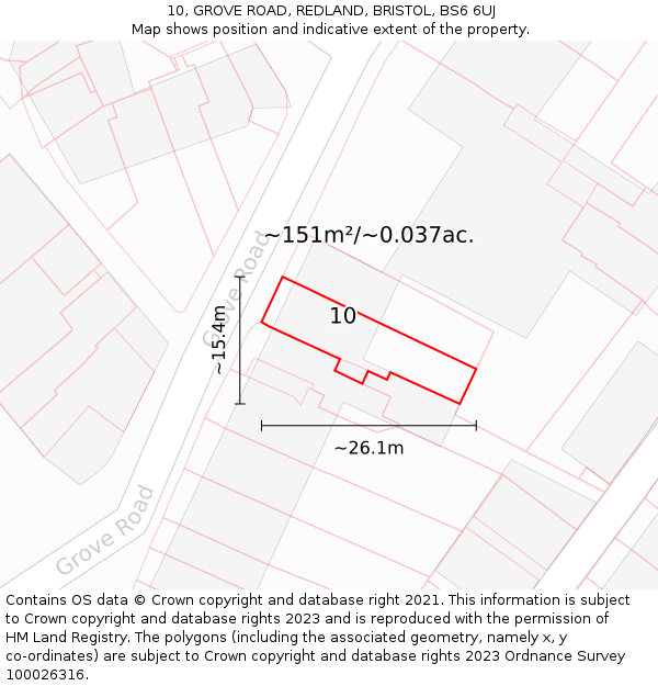 10, GROVE ROAD, REDLAND, BRISTOL, BS6 6UJ: Plot and title map