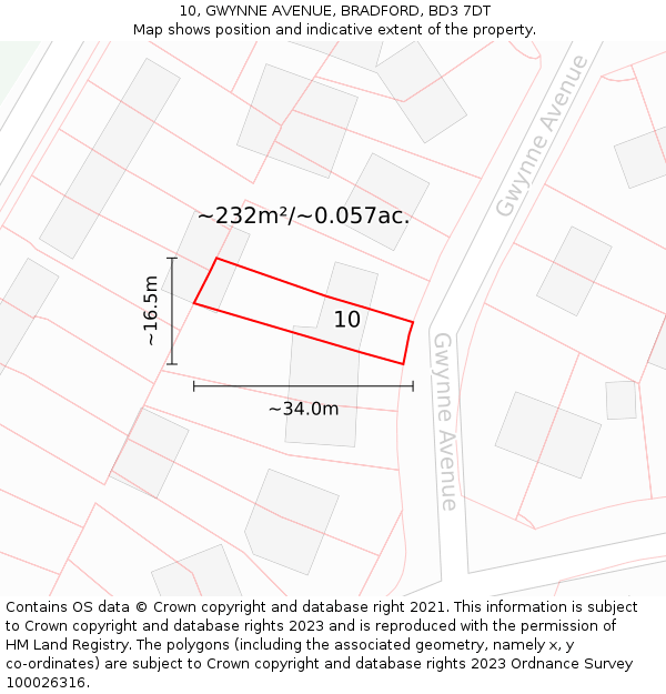 10, GWYNNE AVENUE, BRADFORD, BD3 7DT: Plot and title map