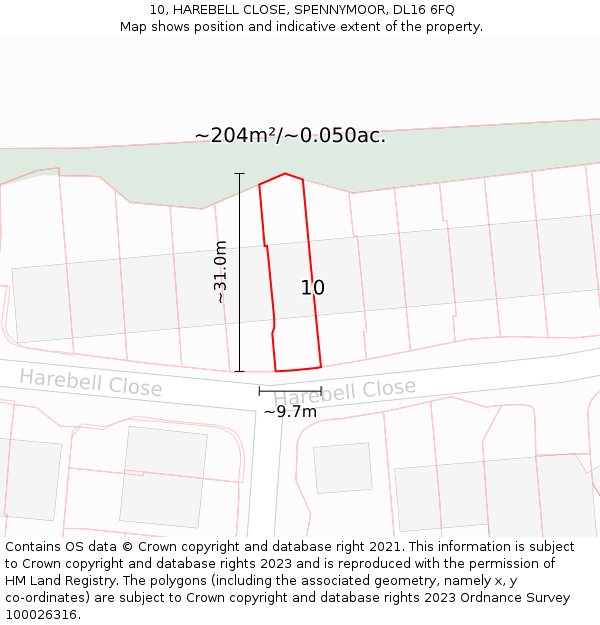 10, HAREBELL CLOSE, SPENNYMOOR, DL16 6FQ: Plot and title map