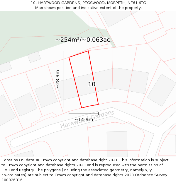 10, HAREWOOD GARDENS, PEGSWOOD, MORPETH, NE61 6TG: Plot and title map