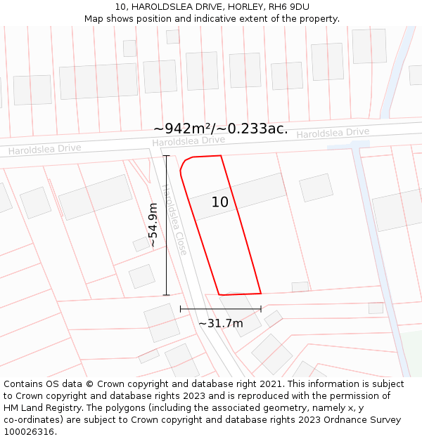 10, HAROLDSLEA DRIVE, HORLEY, RH6 9DU: Plot and title map