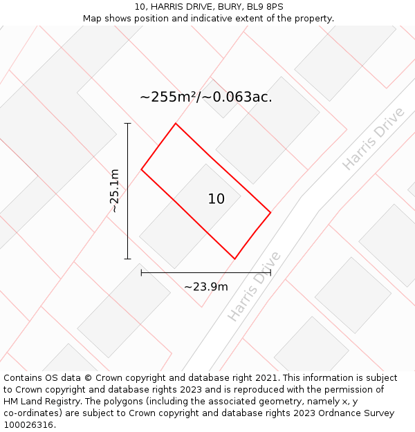 10, HARRIS DRIVE, BURY, BL9 8PS: Plot and title map