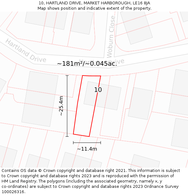 10, HARTLAND DRIVE, MARKET HARBOROUGH, LE16 8JA: Plot and title map