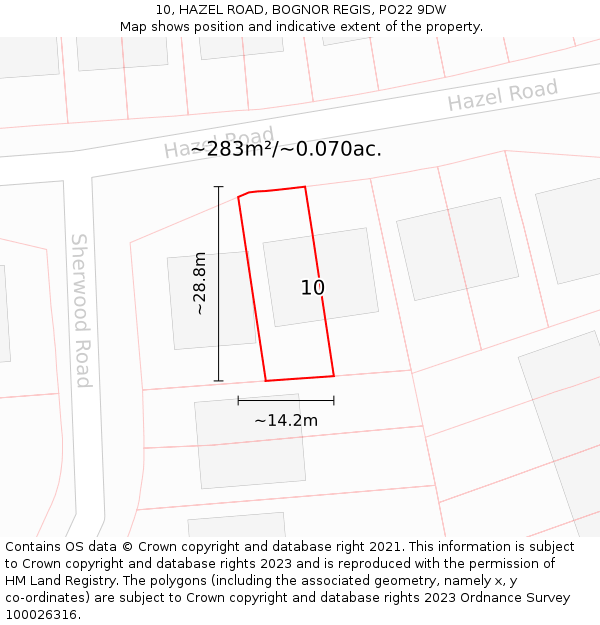 10, HAZEL ROAD, BOGNOR REGIS, PO22 9DW: Plot and title map