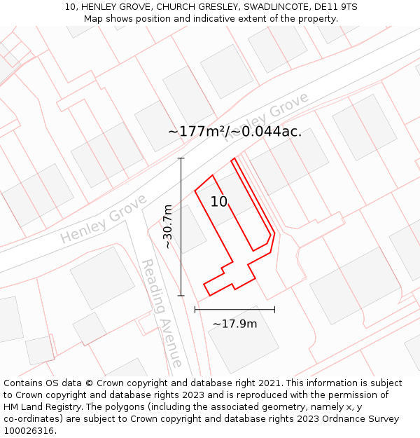 10, HENLEY GROVE, CHURCH GRESLEY, SWADLINCOTE, DE11 9TS: Plot and title map