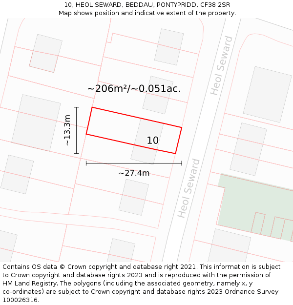 10, HEOL SEWARD, BEDDAU, PONTYPRIDD, CF38 2SR: Plot and title map