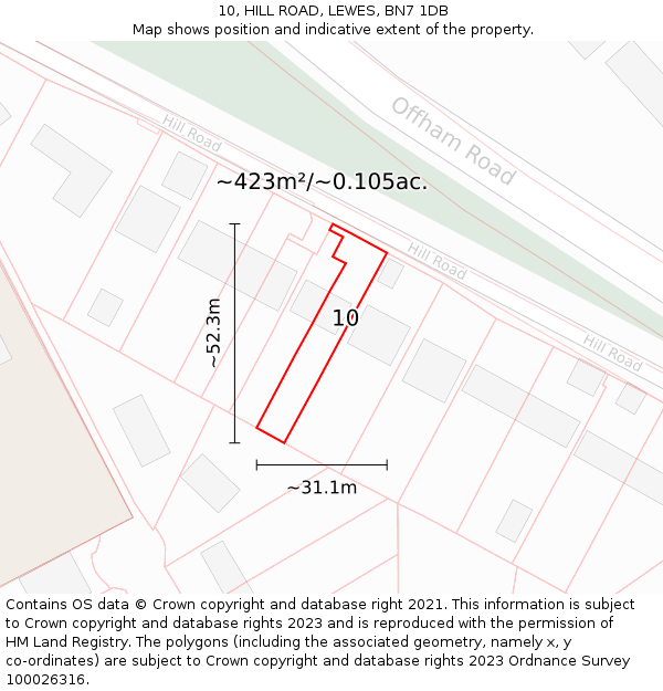 10, HILL ROAD, LEWES, BN7 1DB: Plot and title map