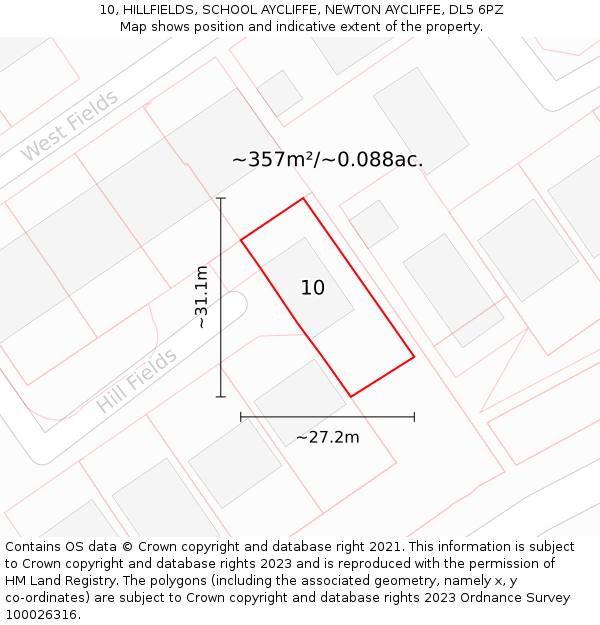 10, HILLFIELDS, SCHOOL AYCLIFFE, NEWTON AYCLIFFE, DL5 6PZ: Plot and title map