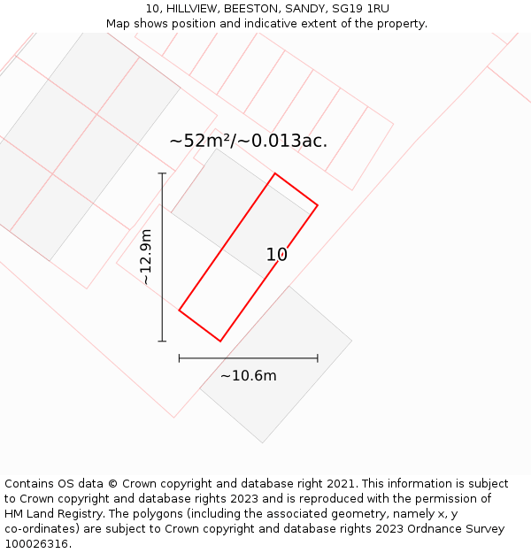 10, HILLVIEW, BEESTON, SANDY, SG19 1RU: Plot and title map