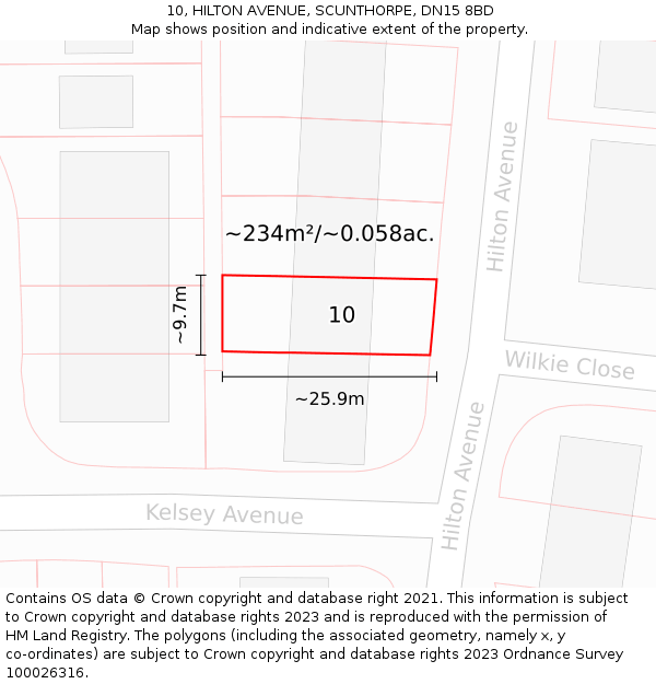 10, HILTON AVENUE, SCUNTHORPE, DN15 8BD: Plot and title map