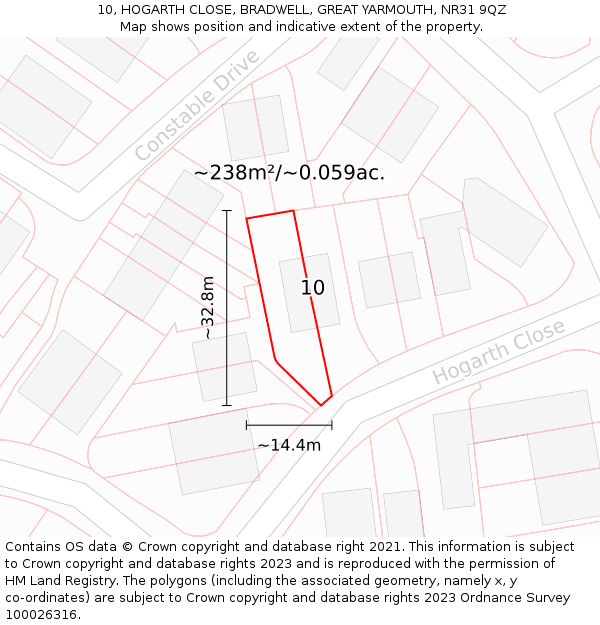 10, HOGARTH CLOSE, BRADWELL, GREAT YARMOUTH, NR31 9QZ: Plot and title map