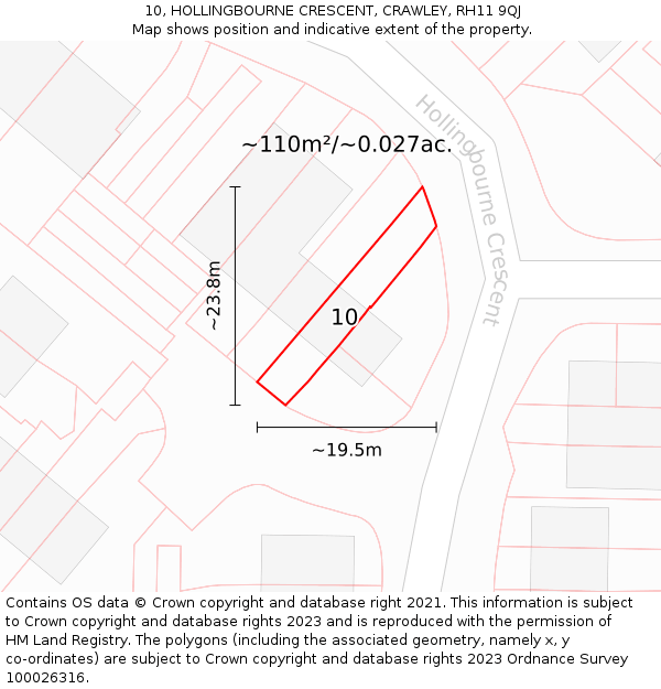 10, HOLLINGBOURNE CRESCENT, CRAWLEY, RH11 9QJ: Plot and title map