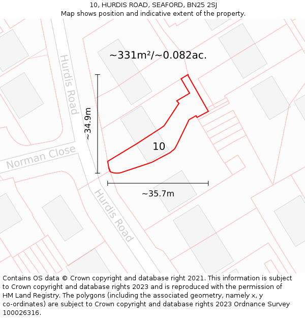 10, HURDIS ROAD, SEAFORD, BN25 2SJ: Plot and title map