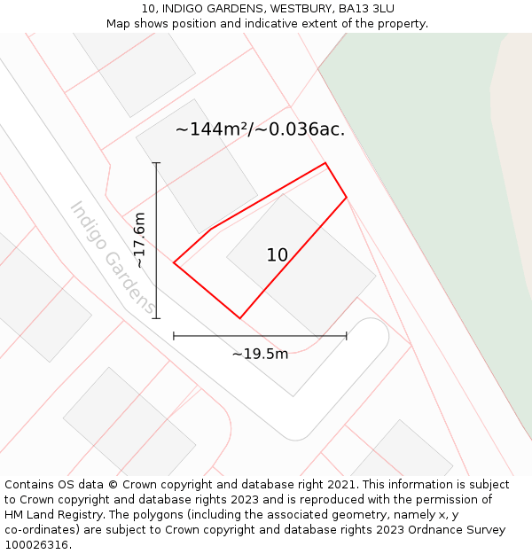 10, INDIGO GARDENS, WESTBURY, BA13 3LU: Plot and title map