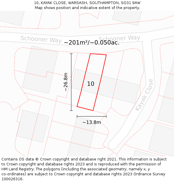 10, KAYAK CLOSE, WARSASH, SOUTHAMPTON, SO31 9AW: Plot and title map