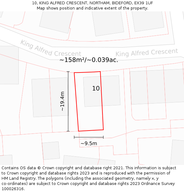 10, KING ALFRED CRESCENT, NORTHAM, BIDEFORD, EX39 1UF: Plot and title map