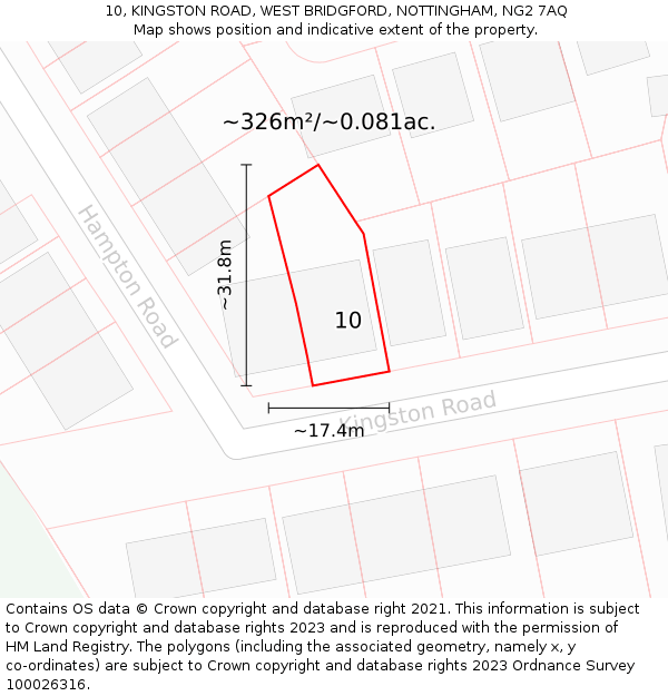 10, KINGSTON ROAD, WEST BRIDGFORD, NOTTINGHAM, NG2 7AQ: Plot and title map