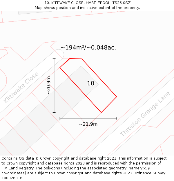 10, KITTIWAKE CLOSE, HARTLEPOOL, TS26 0SZ: Plot and title map