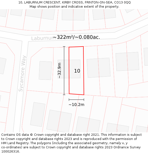 10, LABURNUM CRESCENT, KIRBY CROSS, FRINTON-ON-SEA, CO13 0QQ: Plot and title map