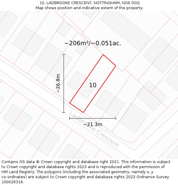 10, LADBROOKE CRESCENT, NOTTINGHAM, NG6 0GQ: Plot and title map