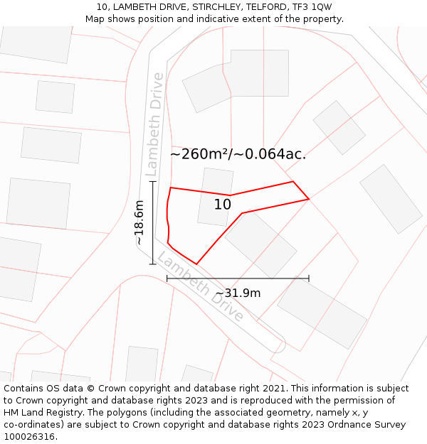 10, LAMBETH DRIVE, STIRCHLEY, TELFORD, TF3 1QW: Plot and title map