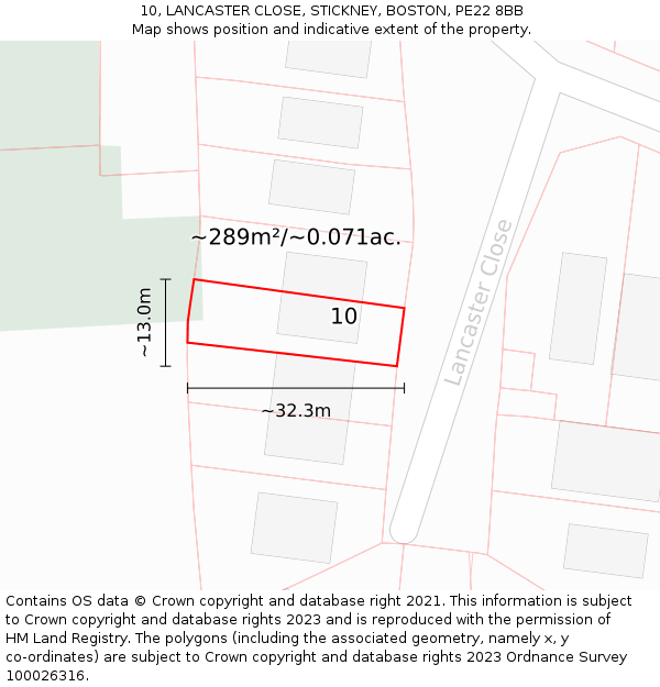 10, LANCASTER CLOSE, STICKNEY, BOSTON, PE22 8BB: Plot and title map