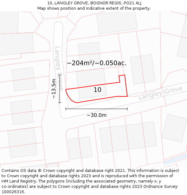 10, LANGLEY GROVE, BOGNOR REGIS, PO21 4LJ: Plot and title map