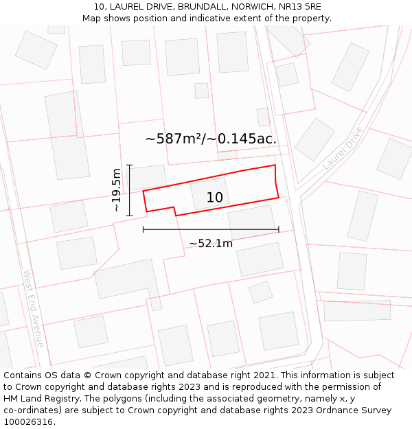 10, LAUREL DRIVE, BRUNDALL, NORWICH, NR13 5RE: Plot and title map