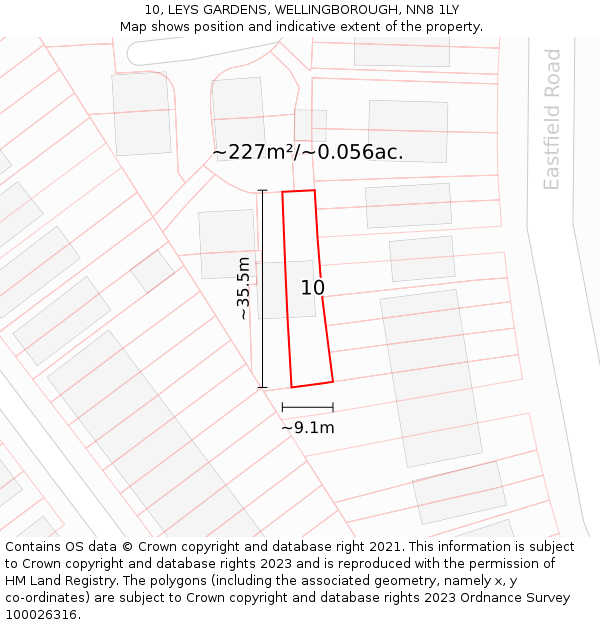 10, LEYS GARDENS, WELLINGBOROUGH, NN8 1LY: Plot and title map