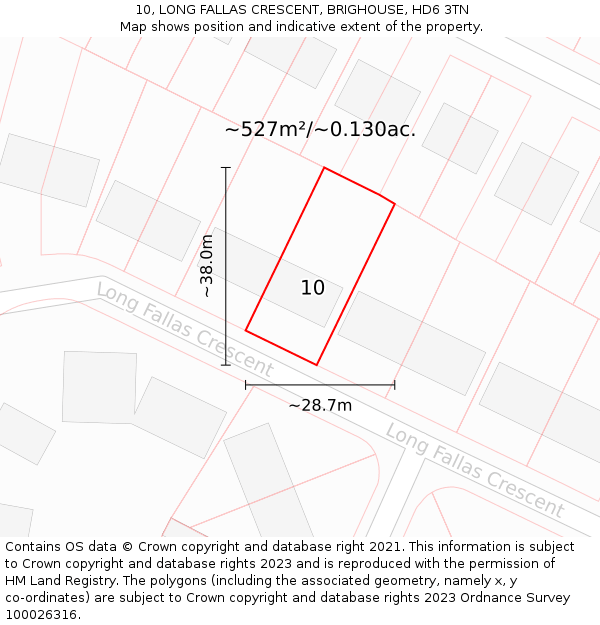 10, LONG FALLAS CRESCENT, BRIGHOUSE, HD6 3TN: Plot and title map