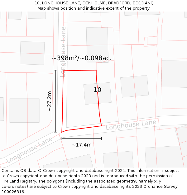 10, LONGHOUSE LANE, DENHOLME, BRADFORD, BD13 4NQ: Plot and title map