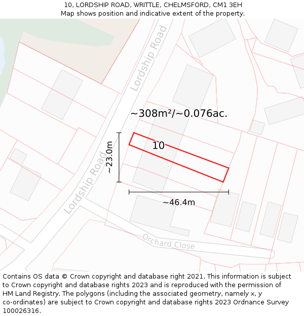 10, LORDSHIP ROAD, WRITTLE, CHELMSFORD, CM1 3EH: Plot and title map