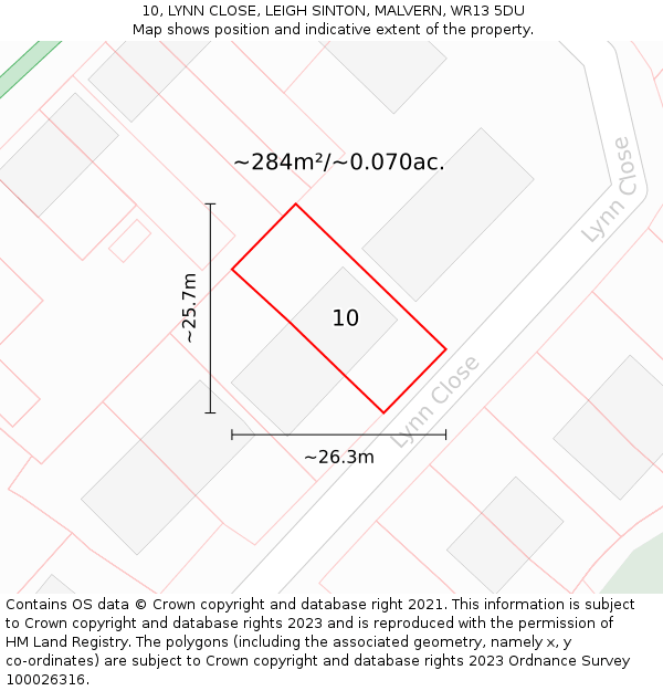 10, LYNN CLOSE, LEIGH SINTON, MALVERN, WR13 5DU: Plot and title map