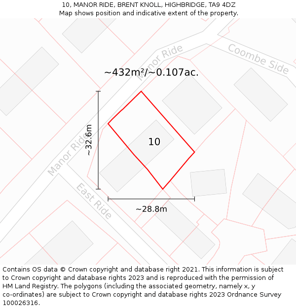 10, MANOR RIDE, BRENT KNOLL, HIGHBRIDGE, TA9 4DZ: Plot and title map