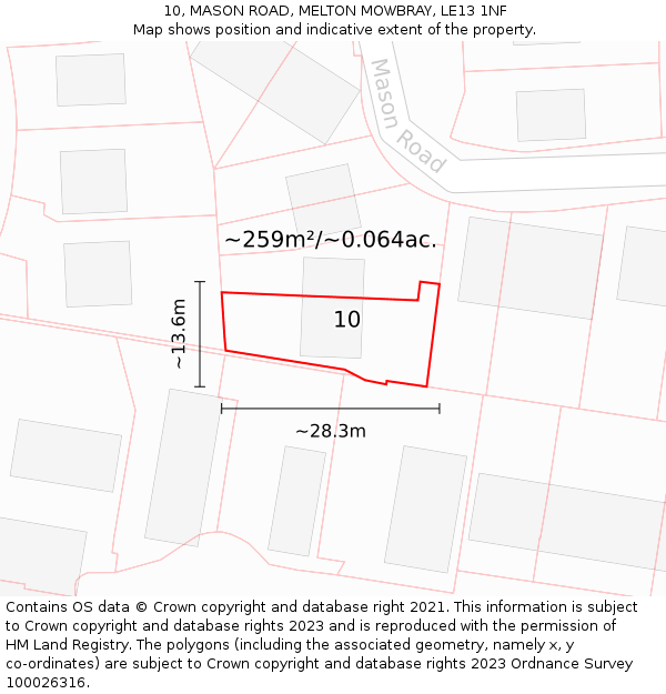 10, MASON ROAD, MELTON MOWBRAY, LE13 1NF: Plot and title map