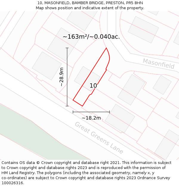 10, MASONFIELD, BAMBER BRIDGE, PRESTON, PR5 8HN: Plot and title map