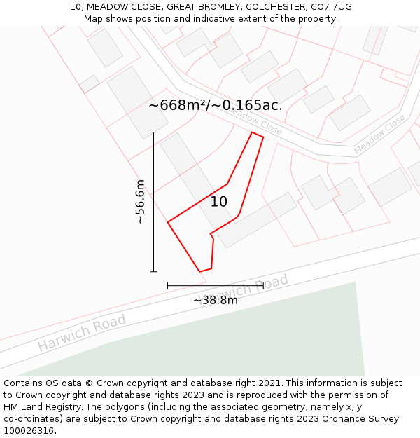 10, MEADOW CLOSE, GREAT BROMLEY, COLCHESTER, CO7 7UG: Plot and title map