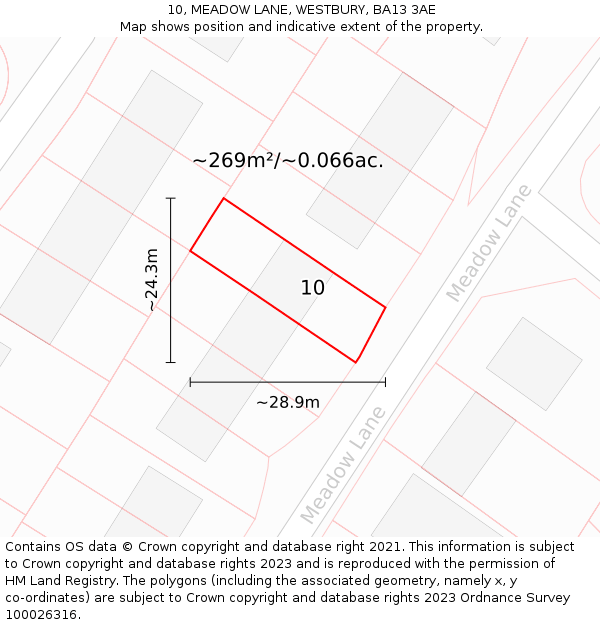 10, MEADOW LANE, WESTBURY, BA13 3AE: Plot and title map