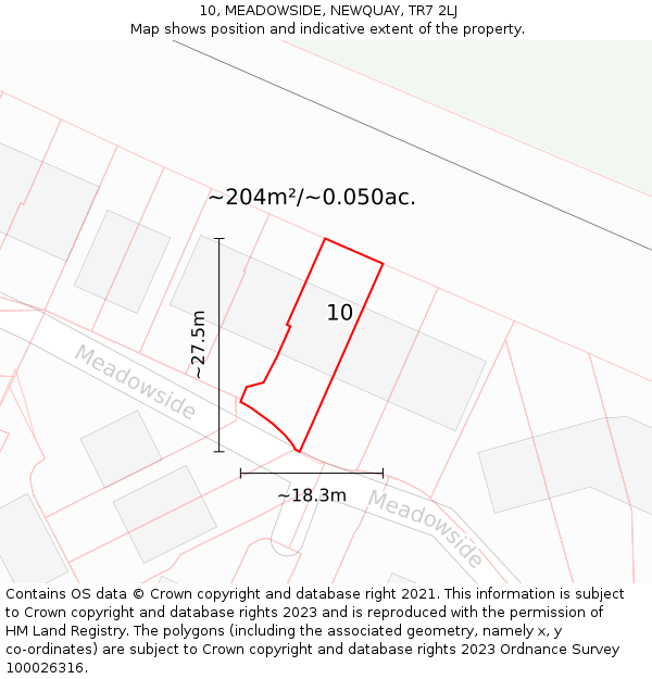 10, MEADOWSIDE, NEWQUAY, TR7 2LJ: Plot and title map