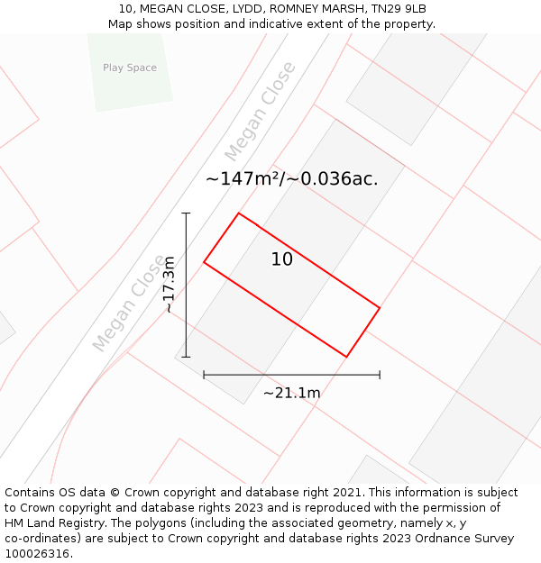 10, MEGAN CLOSE, LYDD, ROMNEY MARSH, TN29 9LB: Plot and title map