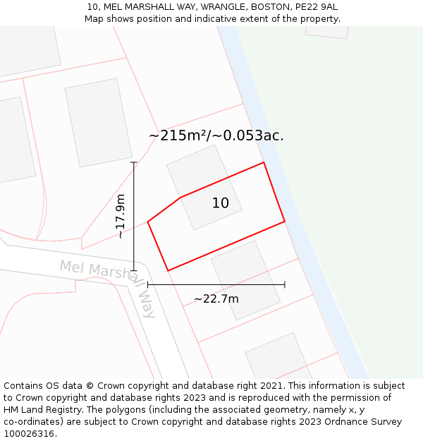 10, MEL MARSHALL WAY, WRANGLE, BOSTON, PE22 9AL: Plot and title map