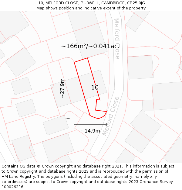 10, MELFORD CLOSE, BURWELL, CAMBRIDGE, CB25 0JG: Plot and title map