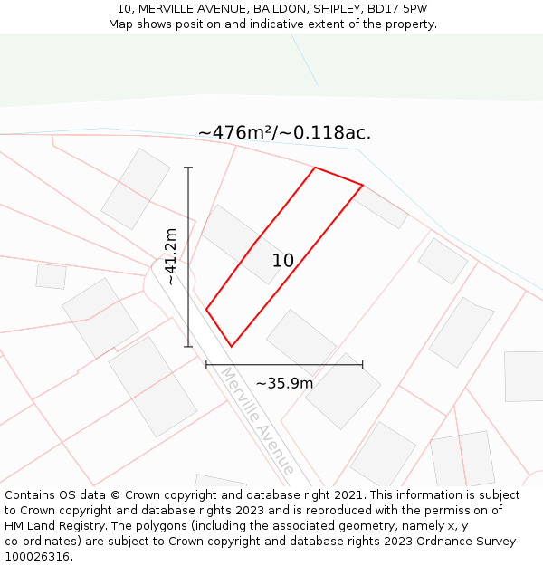 10, MERVILLE AVENUE, BAILDON, SHIPLEY, BD17 5PW: Plot and title map